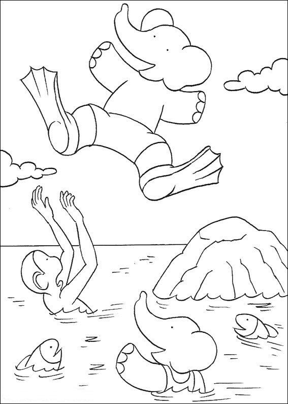 coloriage babar fait un plongeon